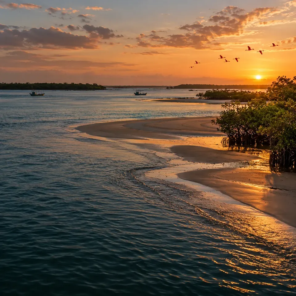 Paisagem criada a partir do litoral piauiense, com manguezal e barcos ao pôr do sol