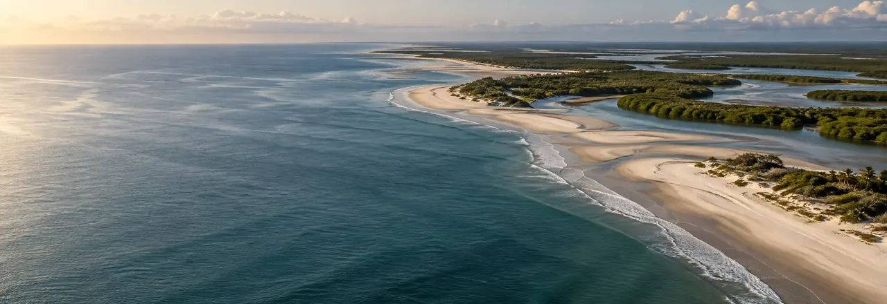 Paisagem ilustrativa inspirada na costa piauiense, com faixa de areia, manguezais e o encontro das águas